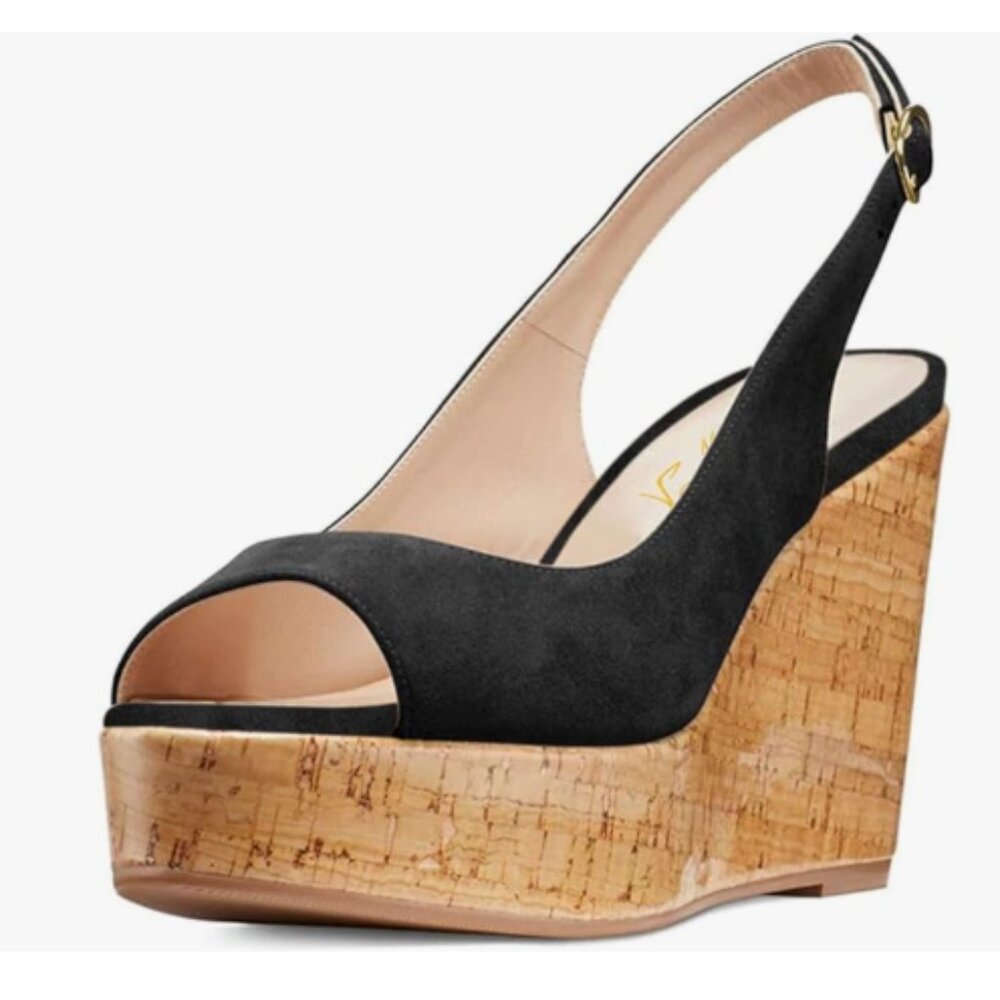 FOWT Black Peep Toe Slingback Platform Wedge High Heel Buckle Open Toe Sandals
